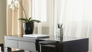  Schreibtische der dunklen Farbe in einem Innenraum